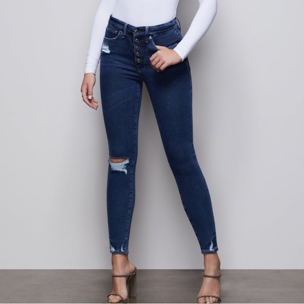Good American Good Waist Super High Rise Ankle Jeans 24 Medium‎ Wash Distressed